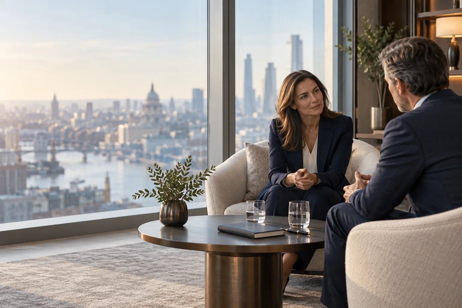 A confidential international insurance and risk advisory conversation in a private meeting lounge